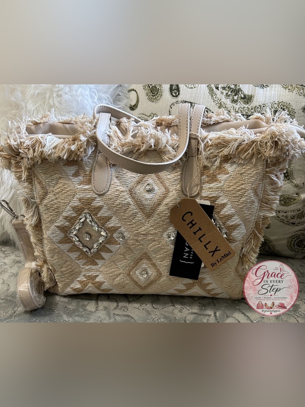 NWT Chillx arge Beige Woven Tote Bag with Gem Embellishments